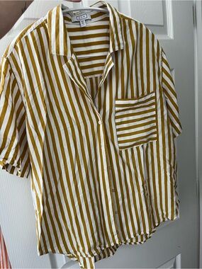 AYR Striped Button-Up silk blend Blouse in White & Mustard M